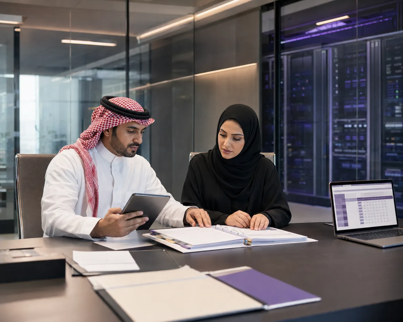 مستشاران يراجعان وثائق الامتثال أمام مركز بيانات
